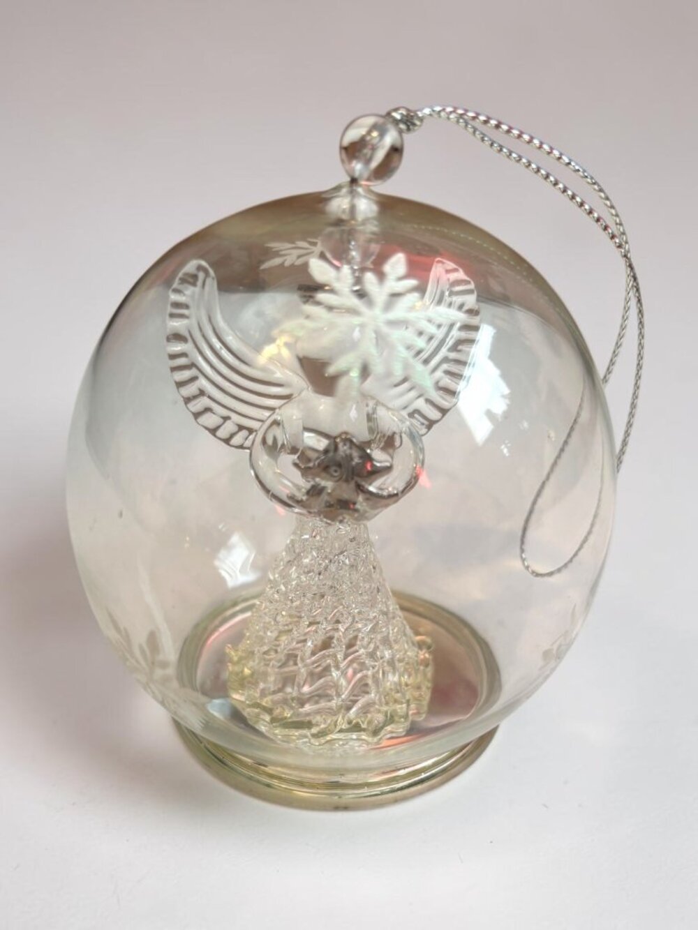 Vintage Spun Glass Angel Ornament With Snowflake Design Hanging Loop And Round B